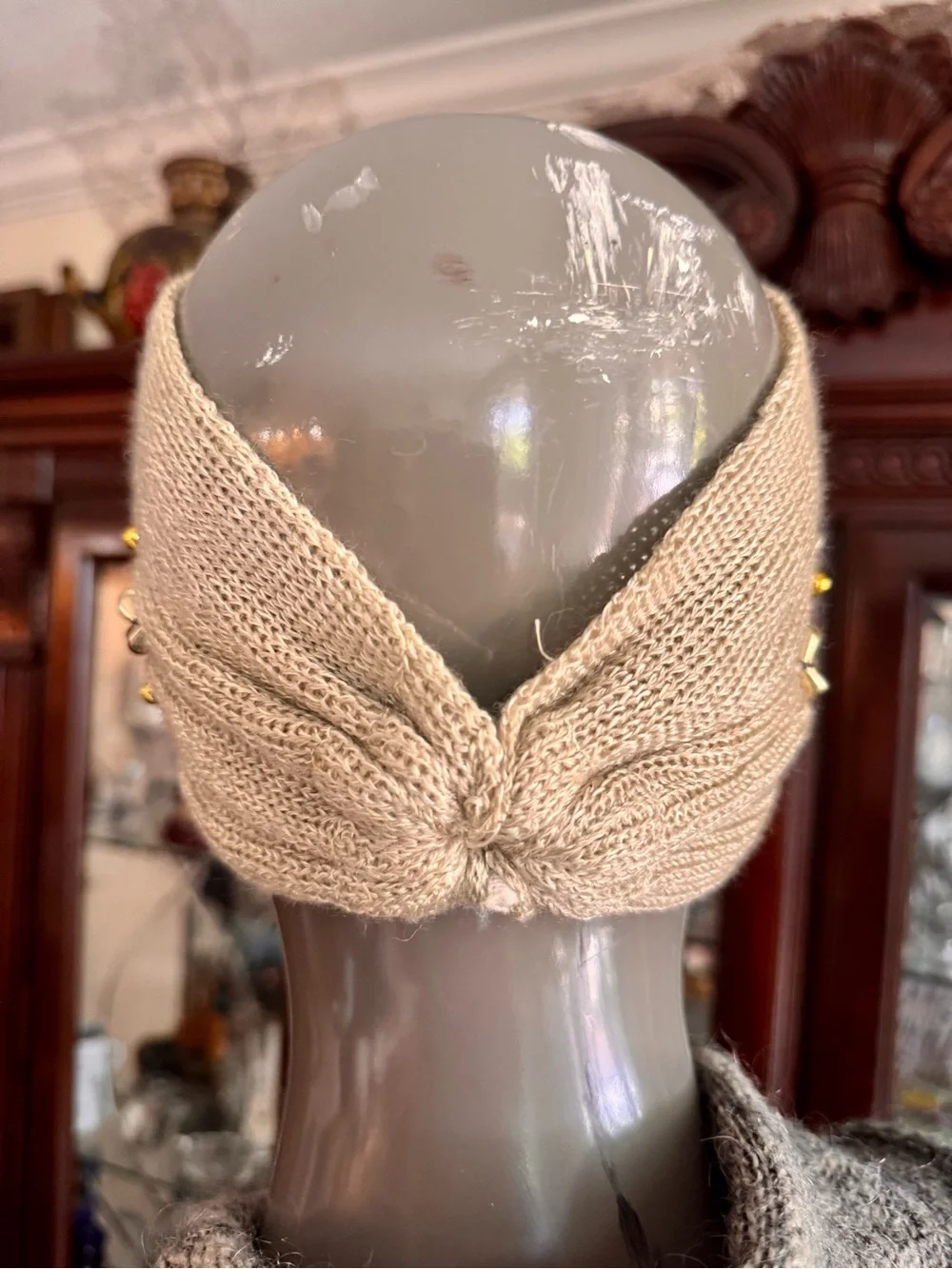 Anthropologie Beaded Knit Turban Headband Ear Warmer - Beige & Gold Boho